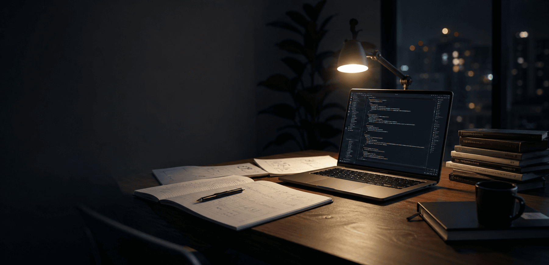 A late-night desk with a laptop, notebooks, and technical books
